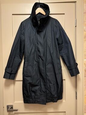 CLUB MONACO Nylon Lined Technical Midi Rain Parka Anorak Jacket Navy Funnel Belt